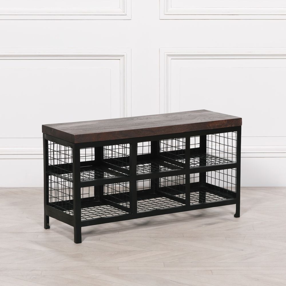 Product photograph of Black Metal With Wooden Top Storage Shoe Rack Bench from Choice Furniture Superstore.